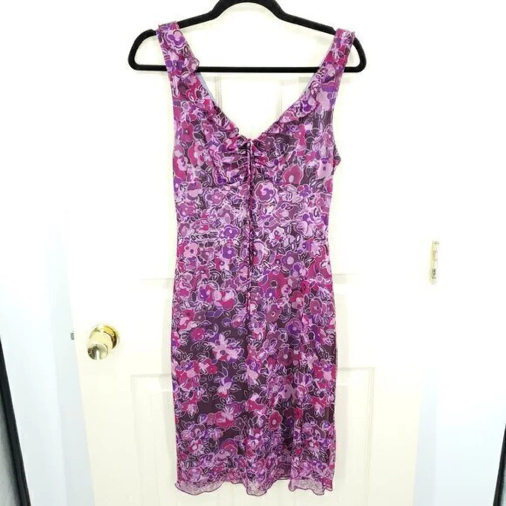 VTG 2000s/Y2K Rampage Cinched-Neckline Sheer Ruffled Floral Dress M Purple/Pink
